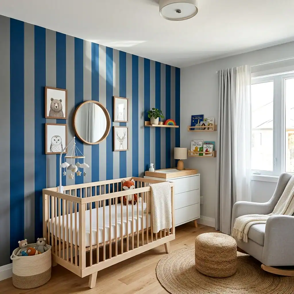 Vertical striped blue and gray nursery wall accent.