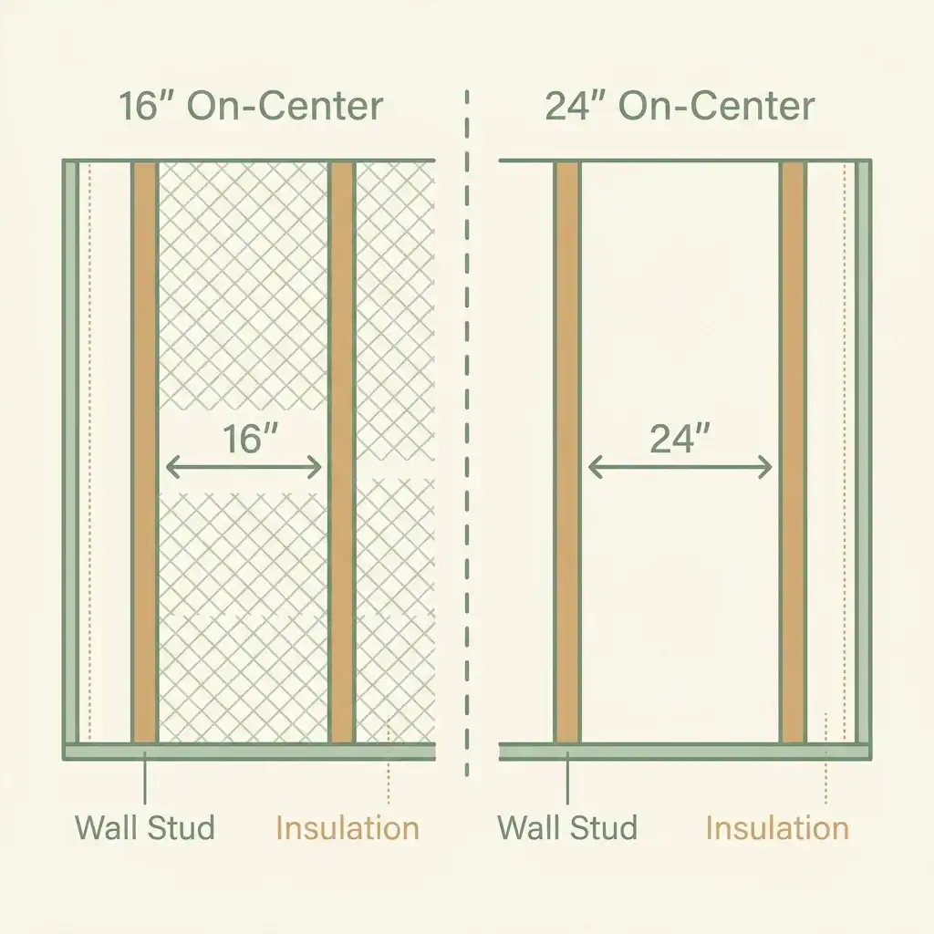 Diagram comparing 16 inch and 24 inch on-center stud spacing on a wall frame