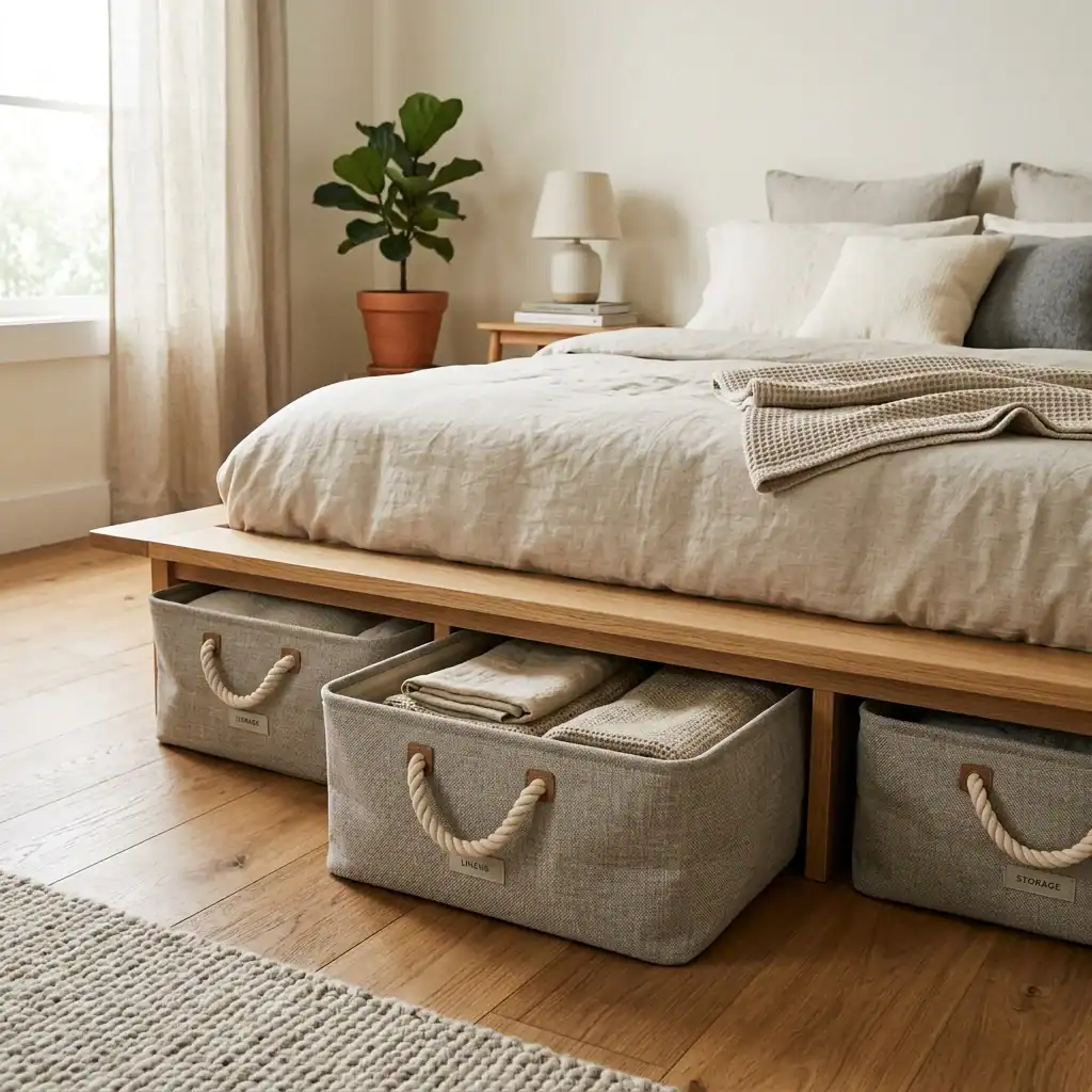Under-bed storage baskets for a toddler floor bed