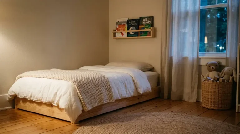 Cozy toddler bedroom with low floor bed, warm light, and toddler bedroom ideas styling