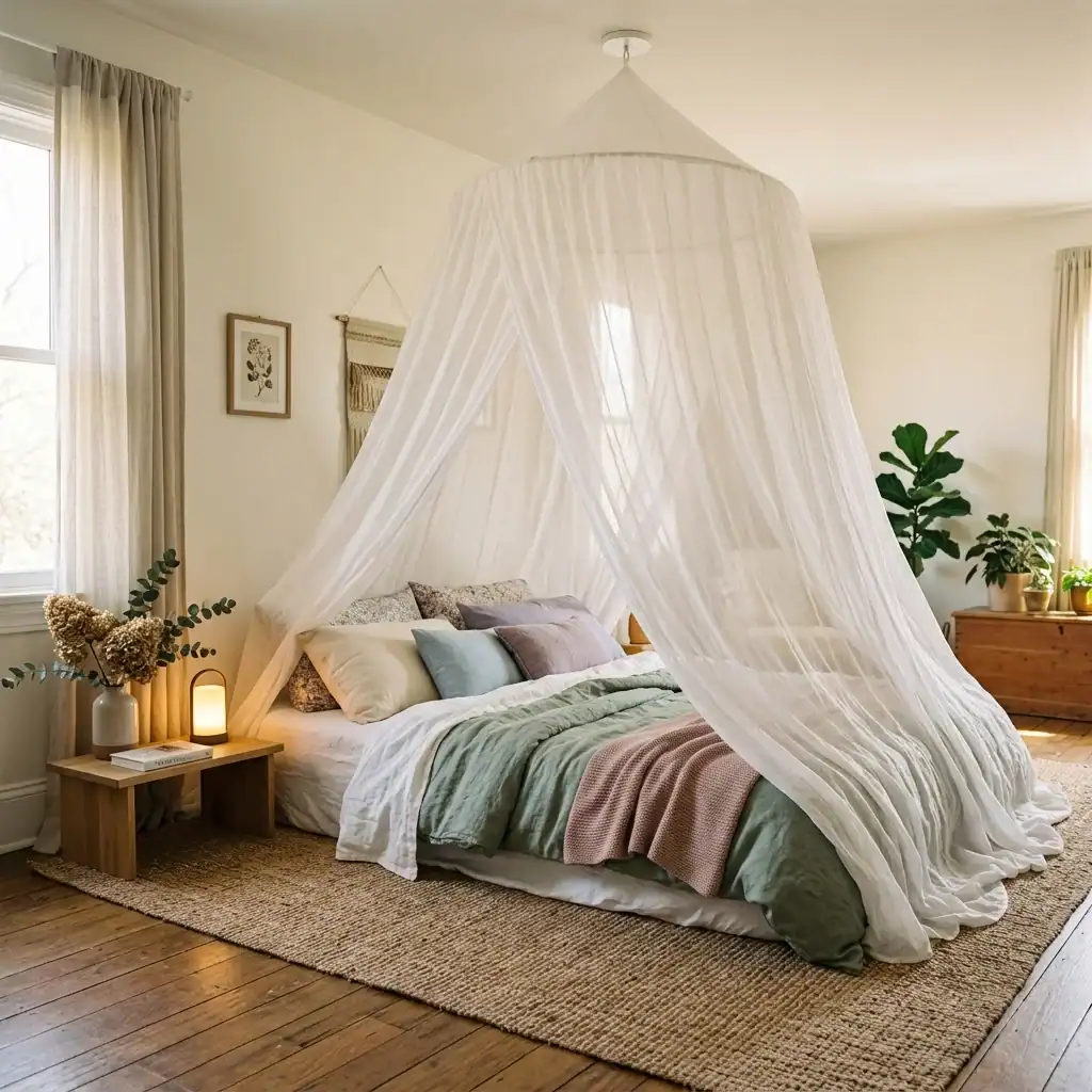 Canopy-style frame over a toddler floor bed for a soft look