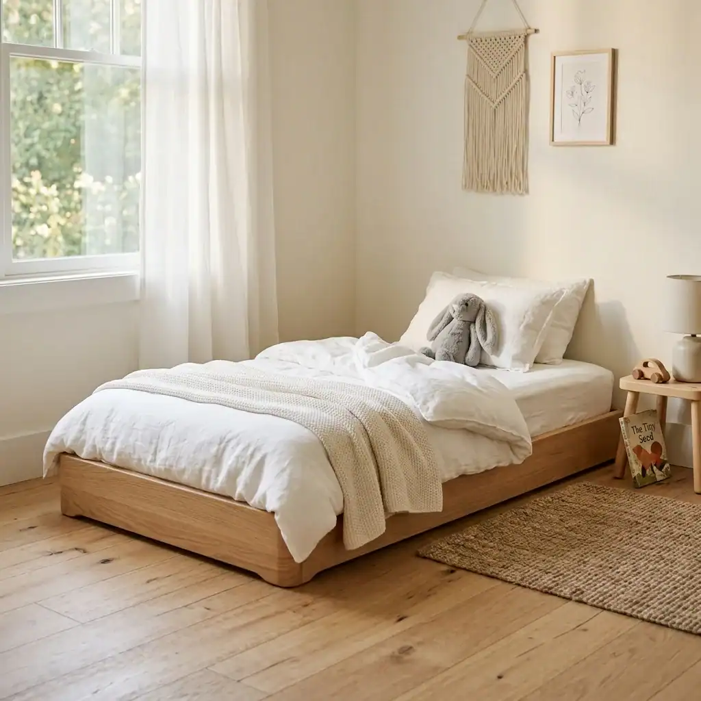 Minimalist toddler floor bed idea with low wood platform and white linens