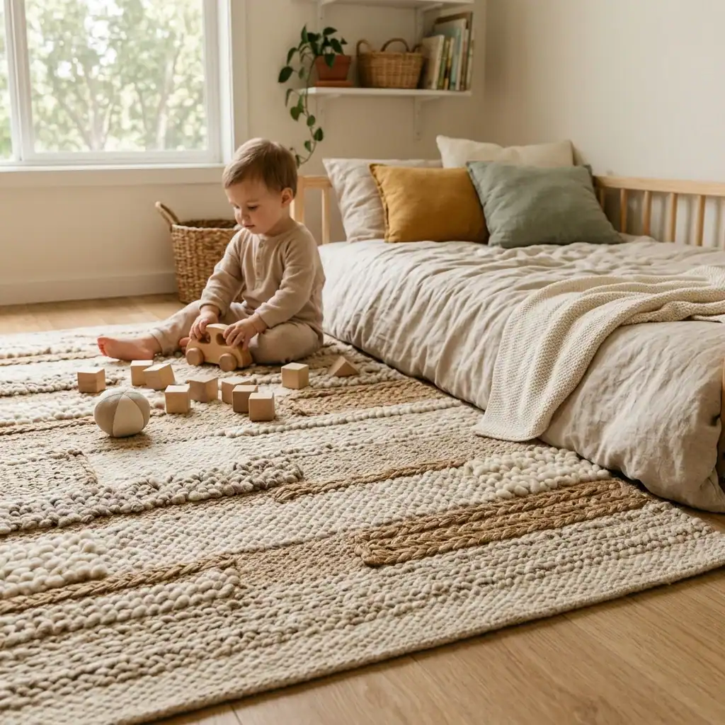 Sensory play rug paired with a toddler floor bed