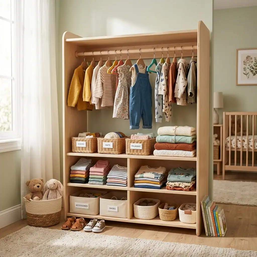 Built-in wardrobe at toddler height for independent dressing