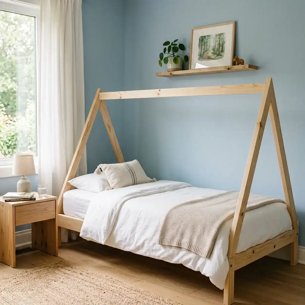 Whimsical wooden house bed idea for a toddler bedroom