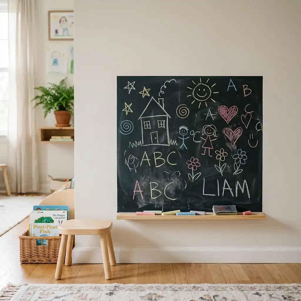 Interactive chalkboard wall paint in a toddler bedroom