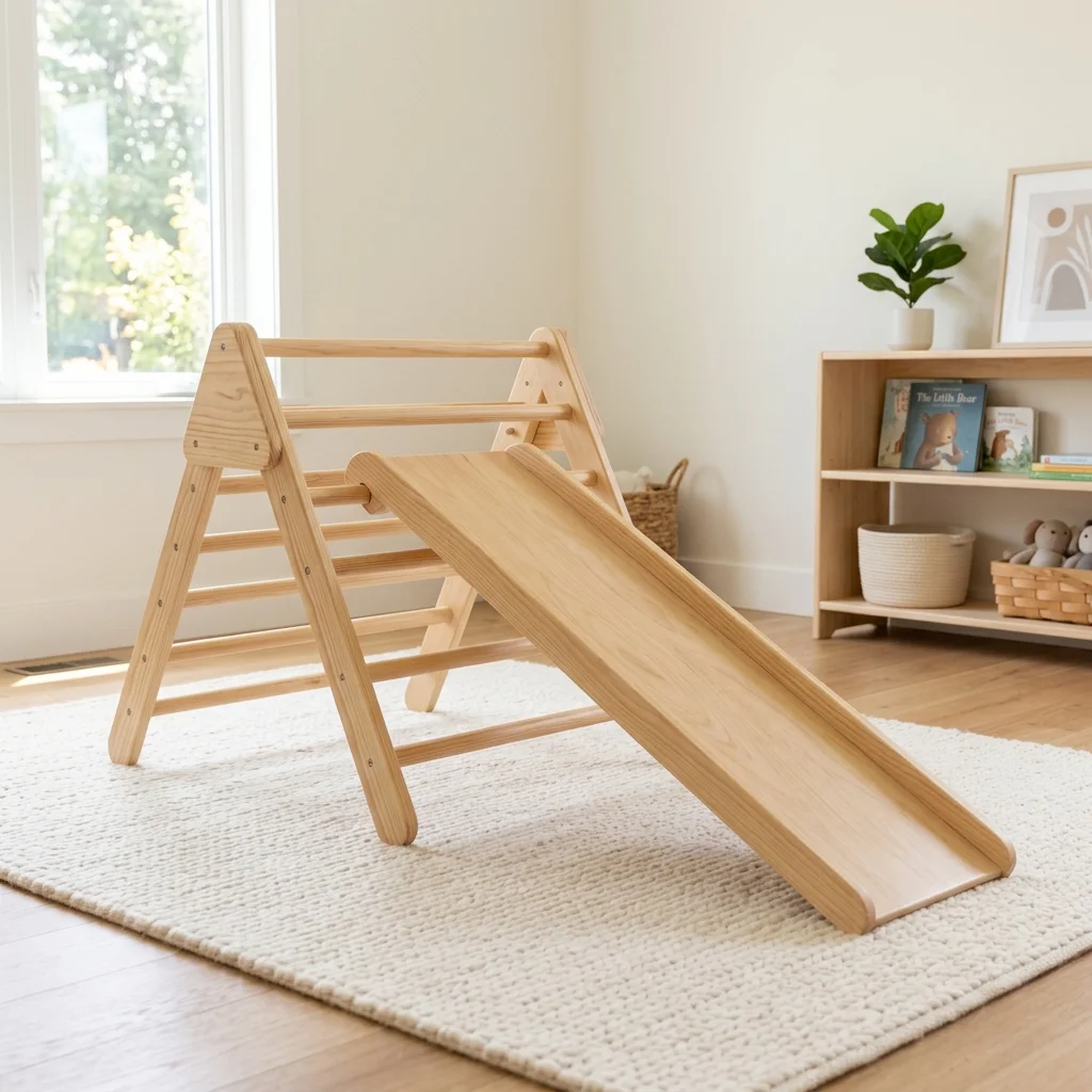 Indoor climbing triangle and slide for a toddler bedroom
