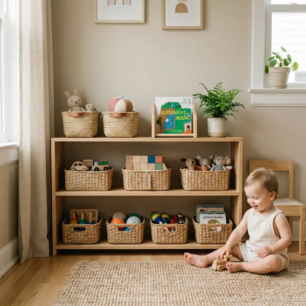 Accessible low shelving for toddler toy rotation