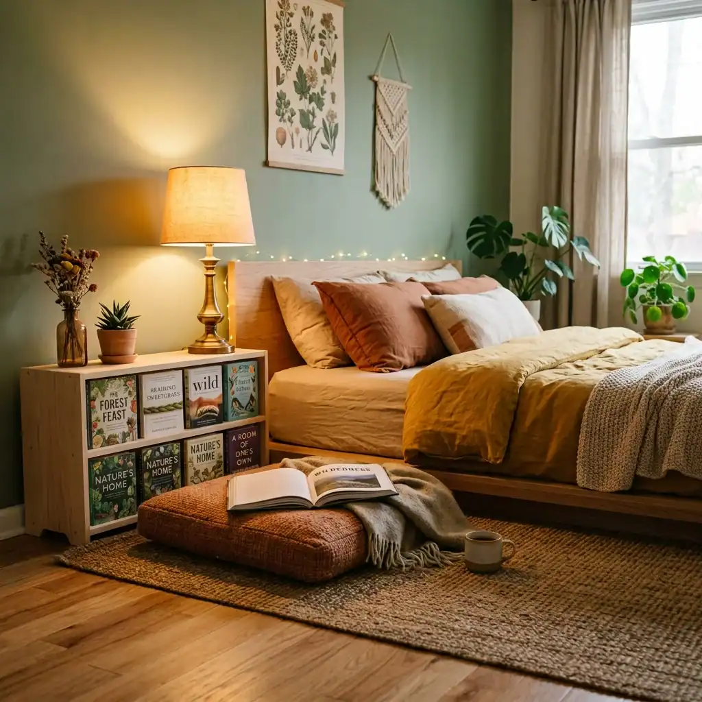 Ground-level reading nook beside a toddler floor bed
