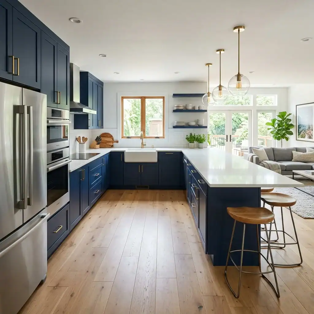 navy blue U-shaped open kitchen with quartz counters and open living area