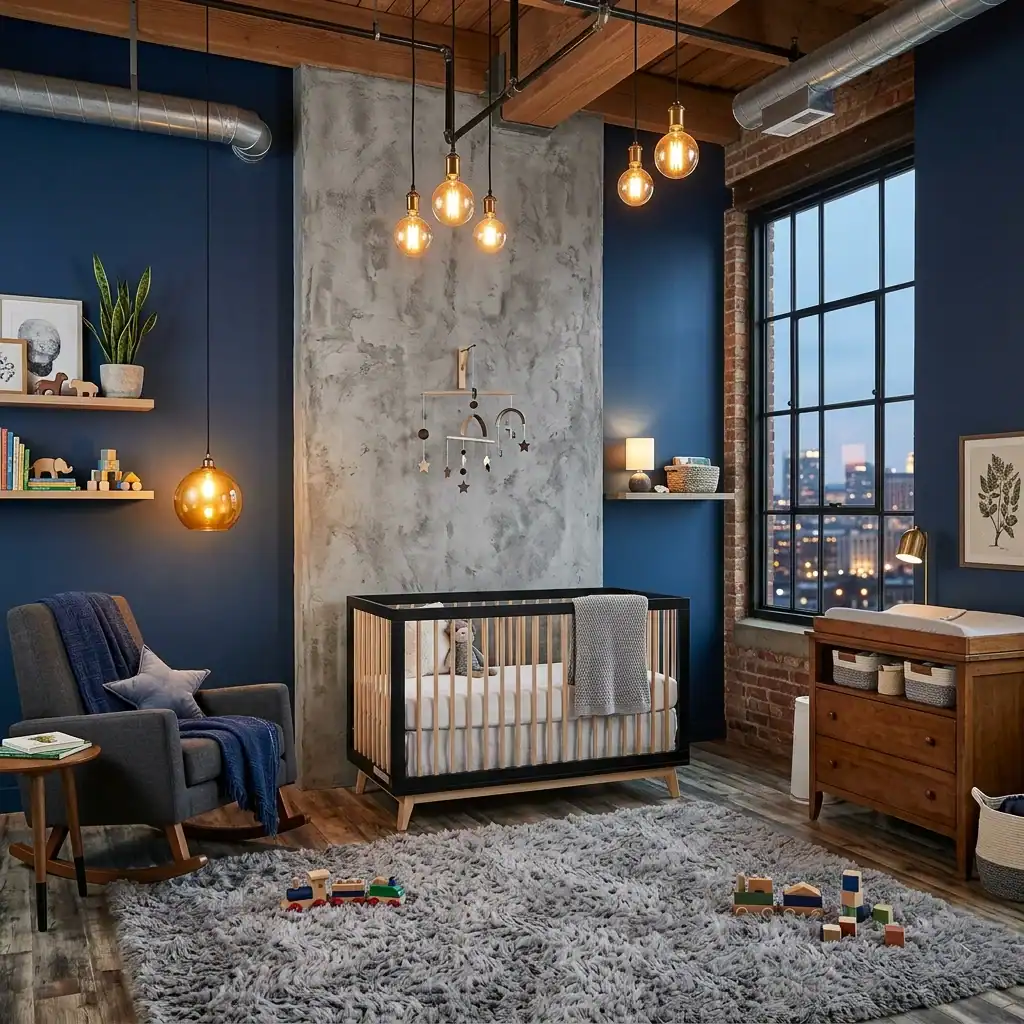 Urban loft indigo blue and concrete gray nursery.
