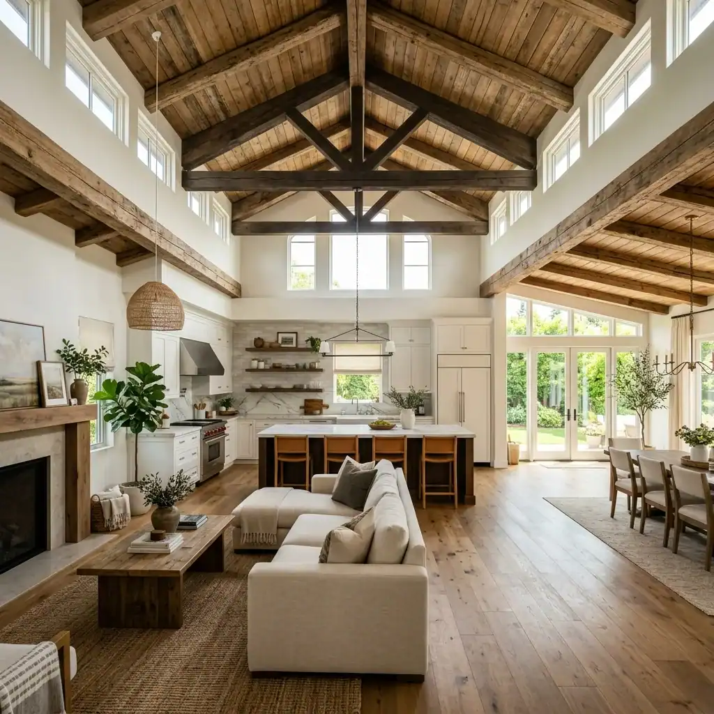 vaulted ceiling with exposed beams over an open kitchen and living room