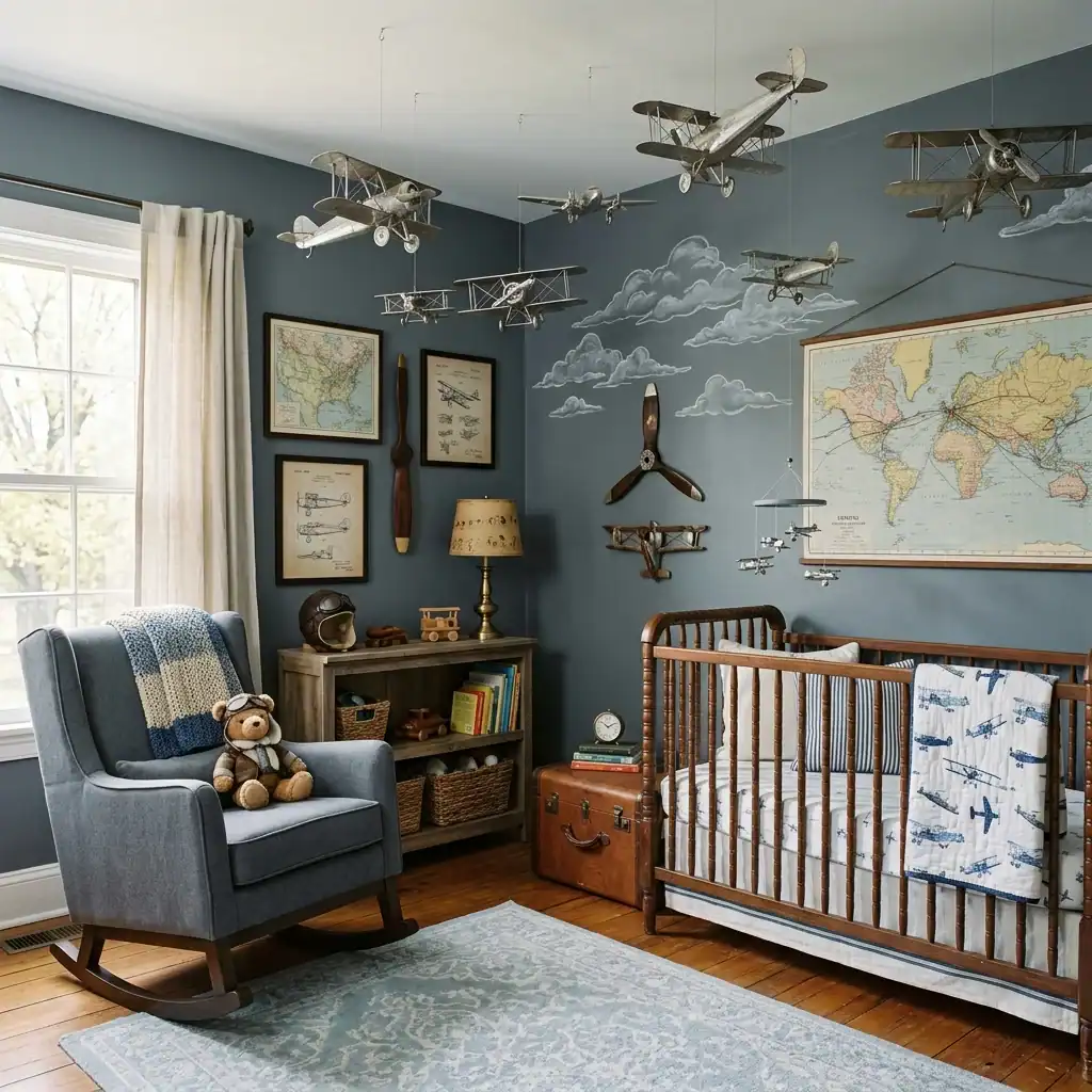 Vintage airplane theme with slate gray nursery decor.