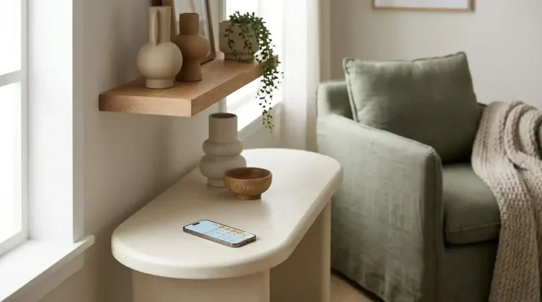 Wall stud calculator tool shown on a phone beside a styled floating shelf in a sage green living room