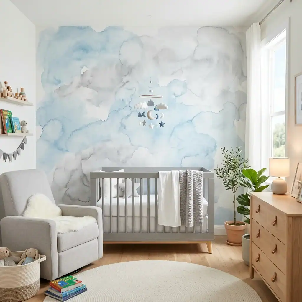 Watercolor blue and stone gray nursery wall mural.