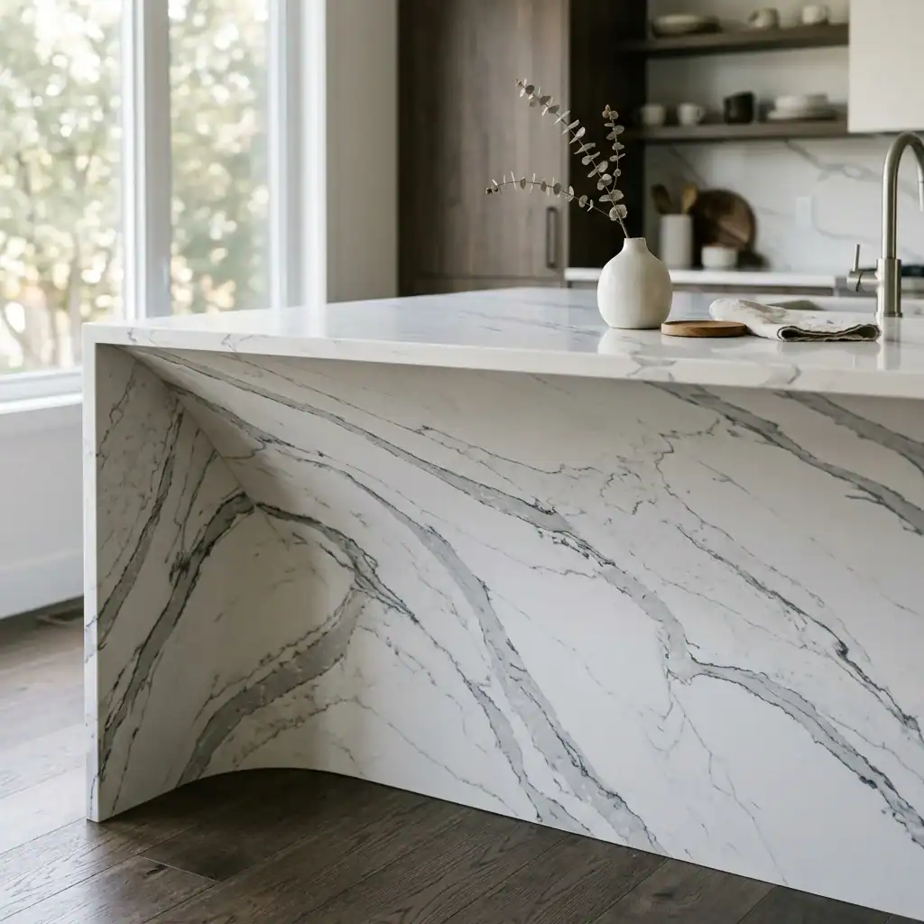 kitchen island with waterfall edge quartz countertop running to the floor