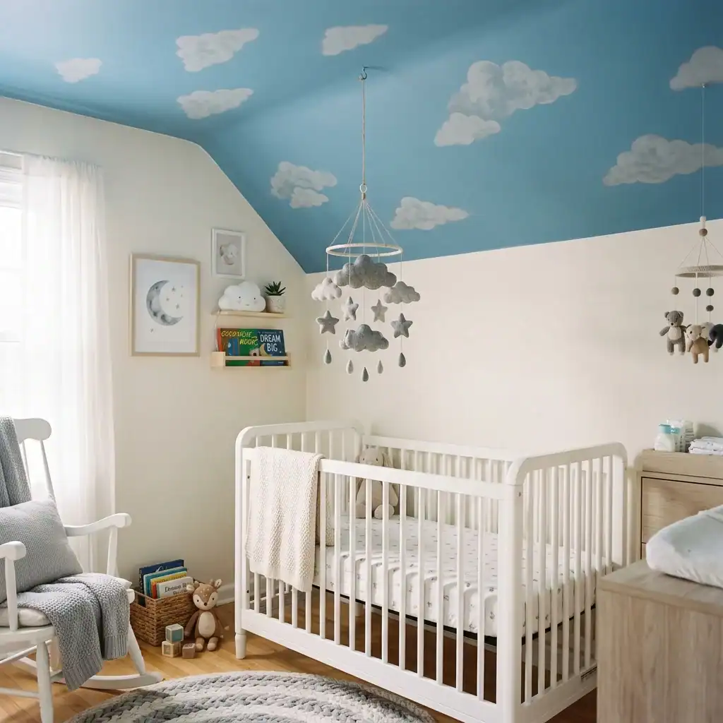 Azure blue ceiling with ash gray clouds in nursery.