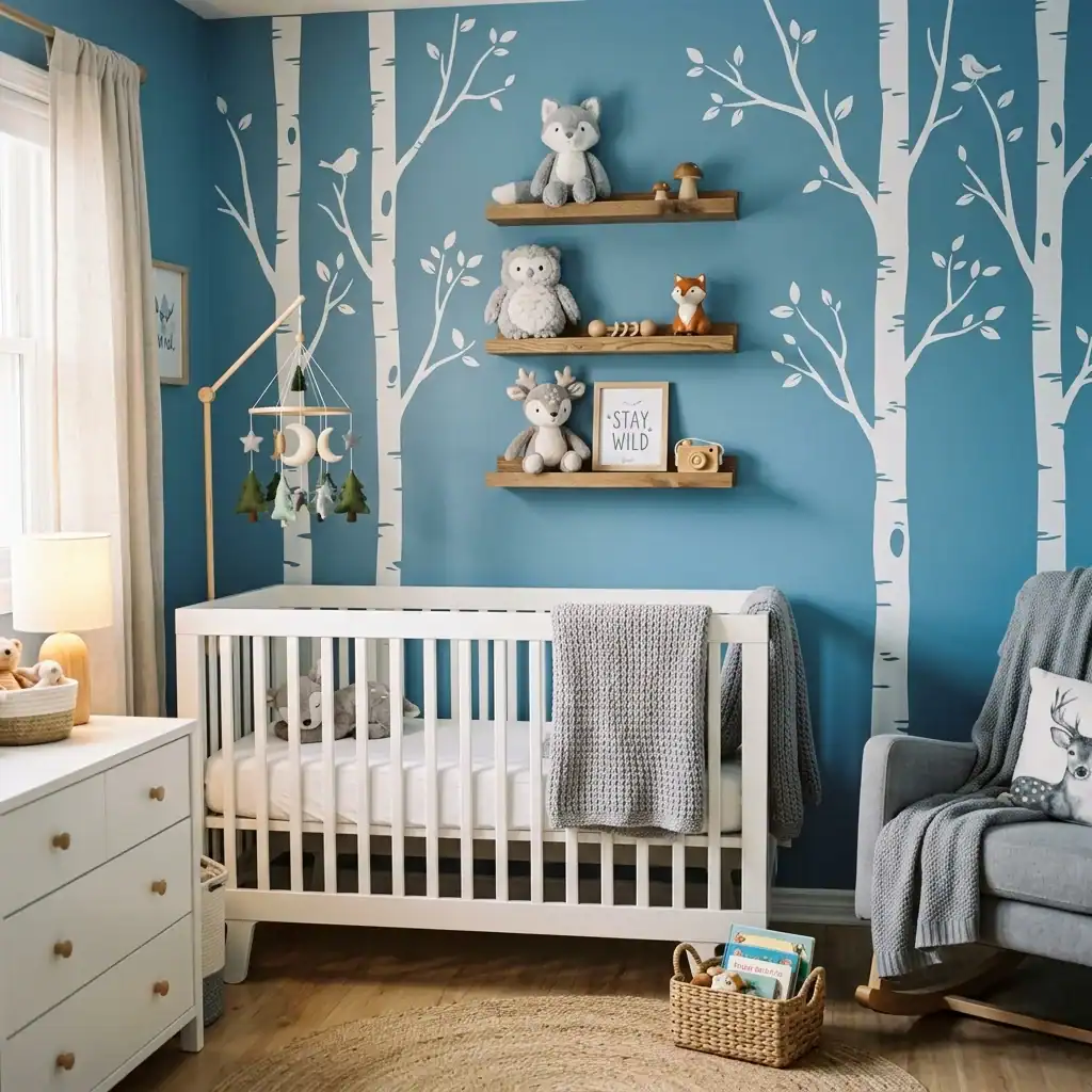 Ash gray and azure blue woodland nursery room.