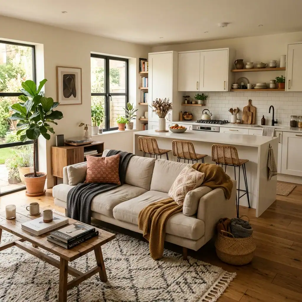 open living room zoned with sofa and rug near an open kitchen