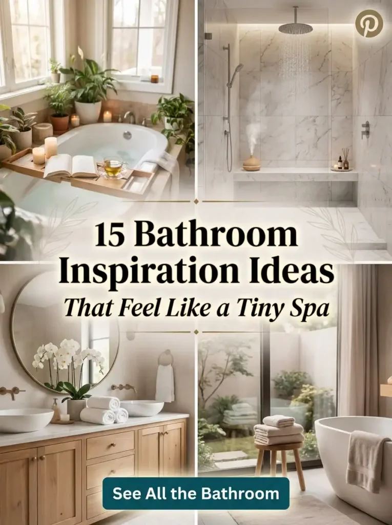 Collage of four cozy, spa-style bathrooms with text reading: 15 Bathroom Inspiration Ideas That Feel Like a Tiny Spa