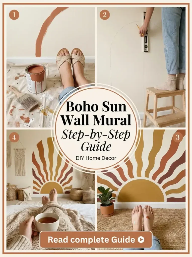 Collage showing steps to paint a wall mural, titled Boho Sun Wall Mural Step-by-Step Guide