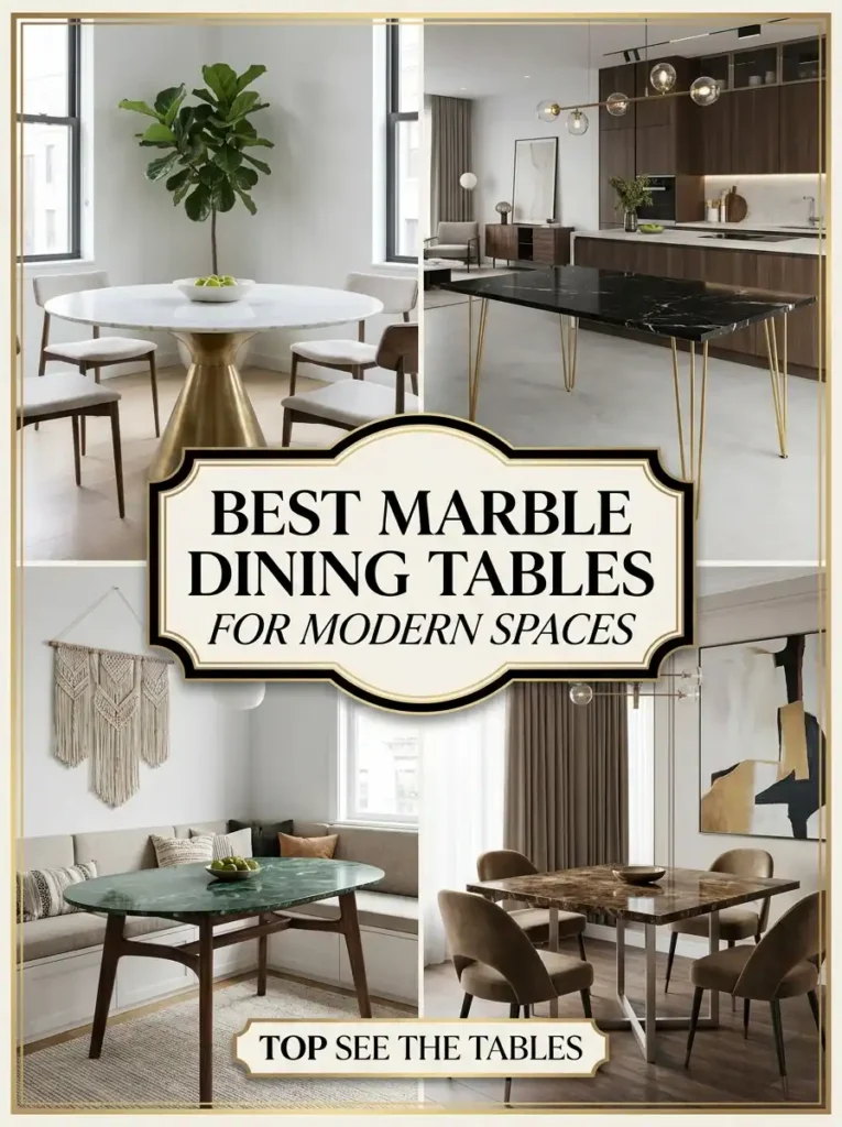 Collage of modern marble dining tables with text: Best Marble Dining Tables for Modern Spaces