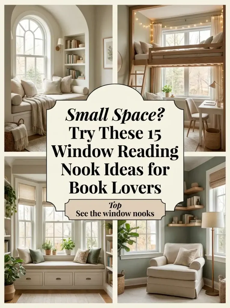 Collage of cozy window reading nooks with text: Small Space? Try These 15 Window Reading Nook Ideas for Book Lovers