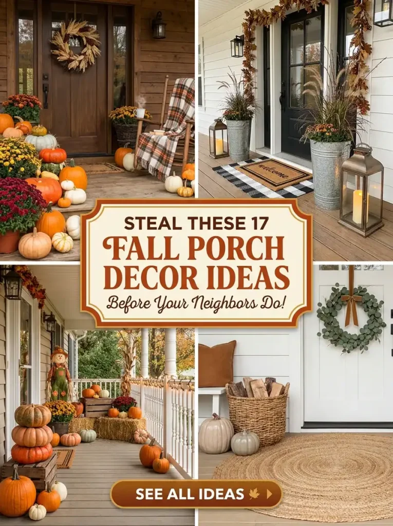 Four styled fall front porches with overlay text: Steal these 17 fall porch decor ideas before your neighbors do!