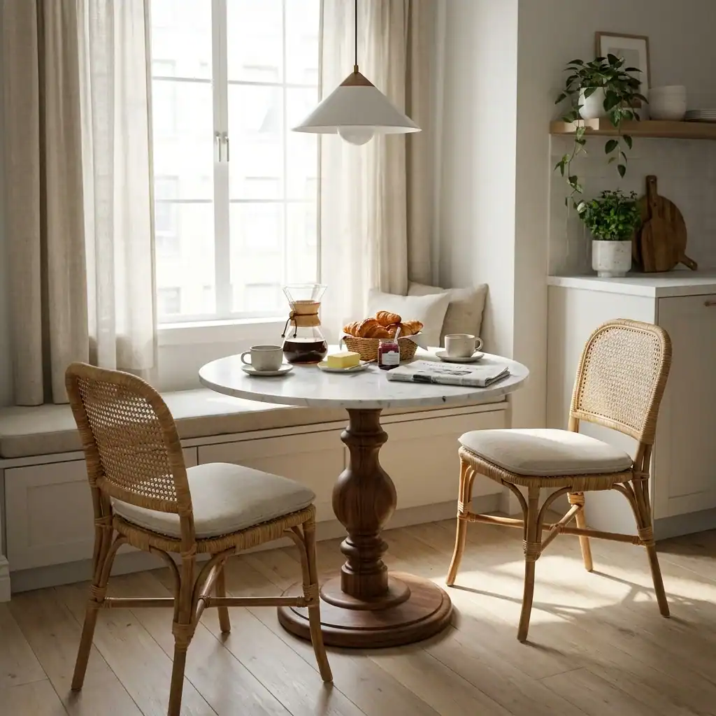 Small round marble and walnut cafe table in a bright breakfast nook