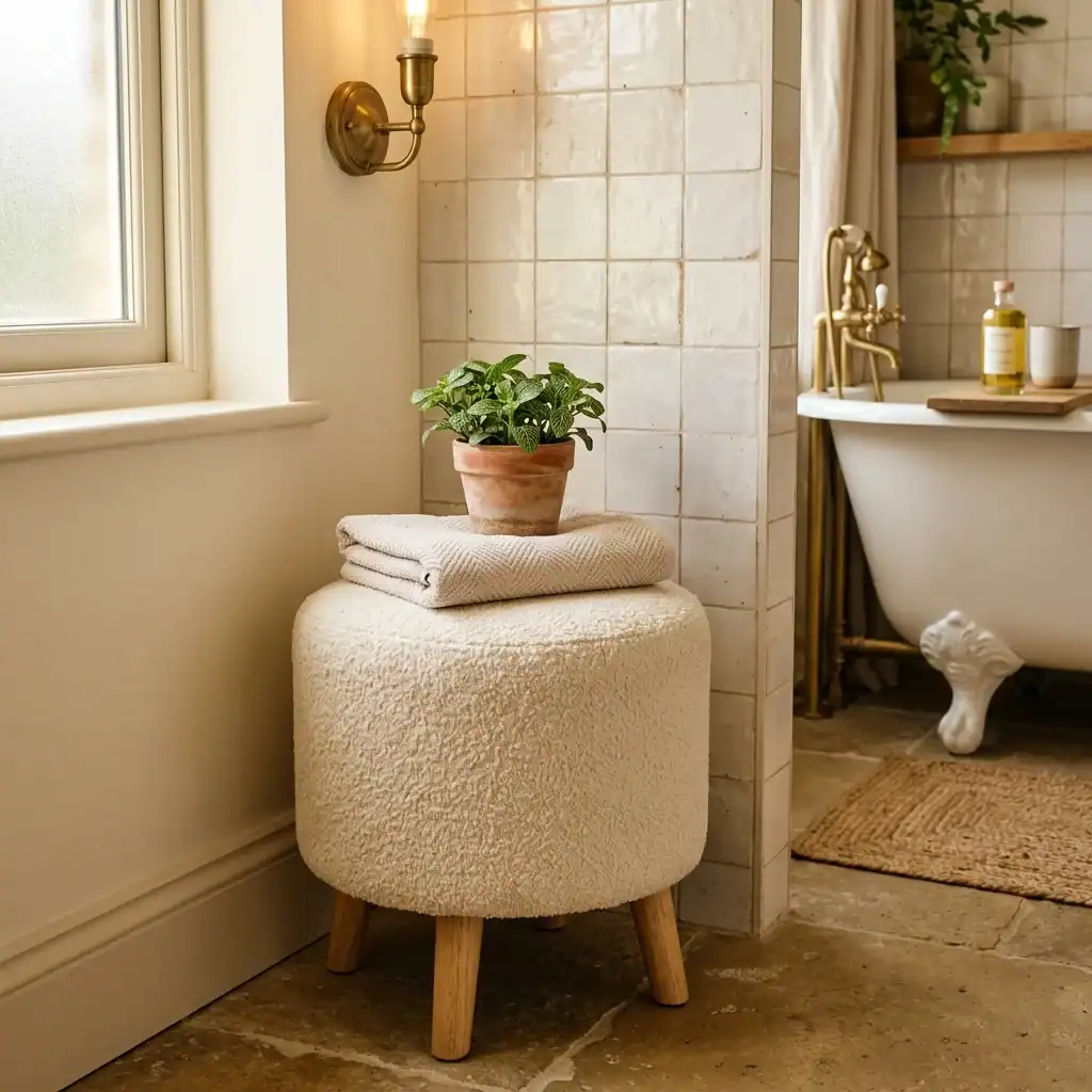 Boucle textured stool styled for cozy bathroom aesthetic corner