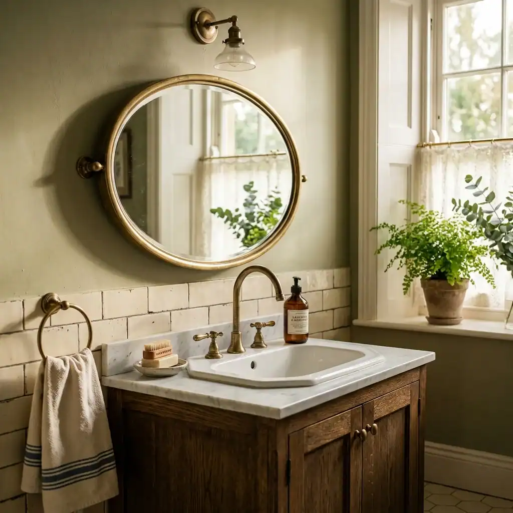 Vintage brass mirror frame idea for warm bathroom inspiration
