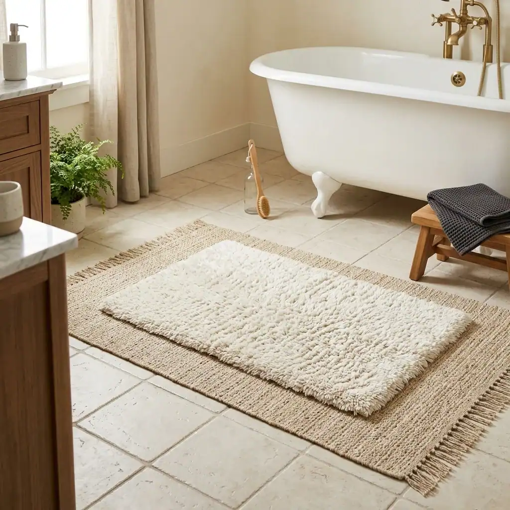 Layered woven rug and bath mat idea for cozy bathroom decor