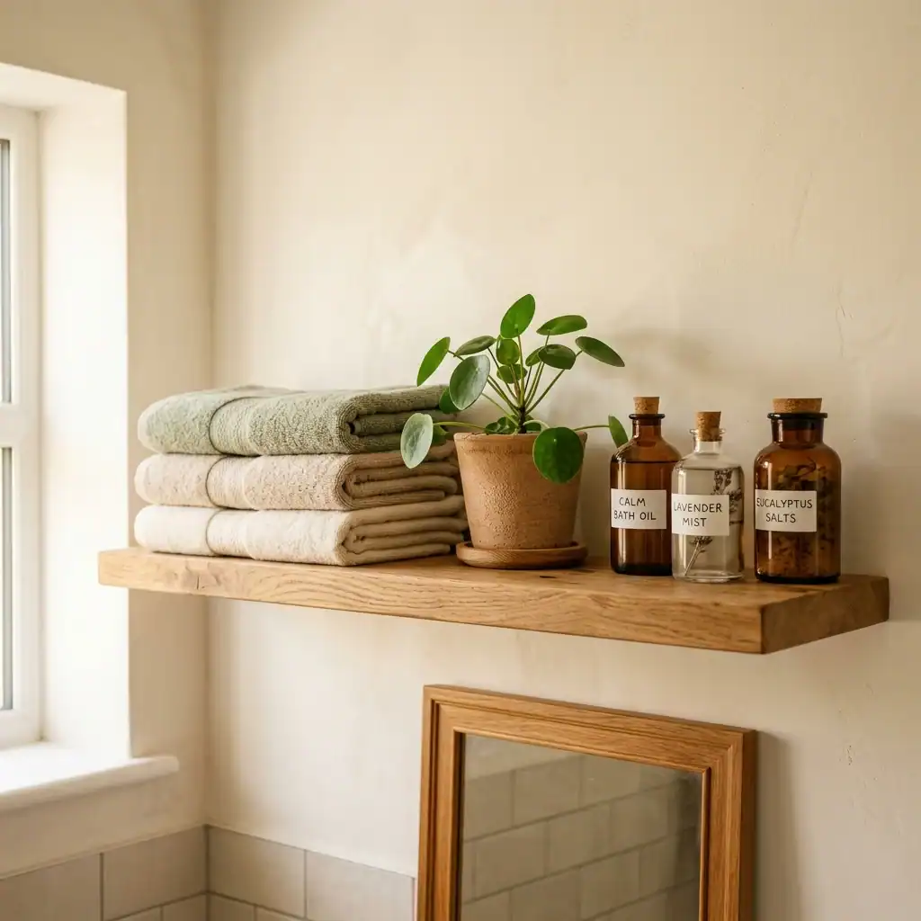 Curated open shelf styling idea for a cozy bathroom aesthetic