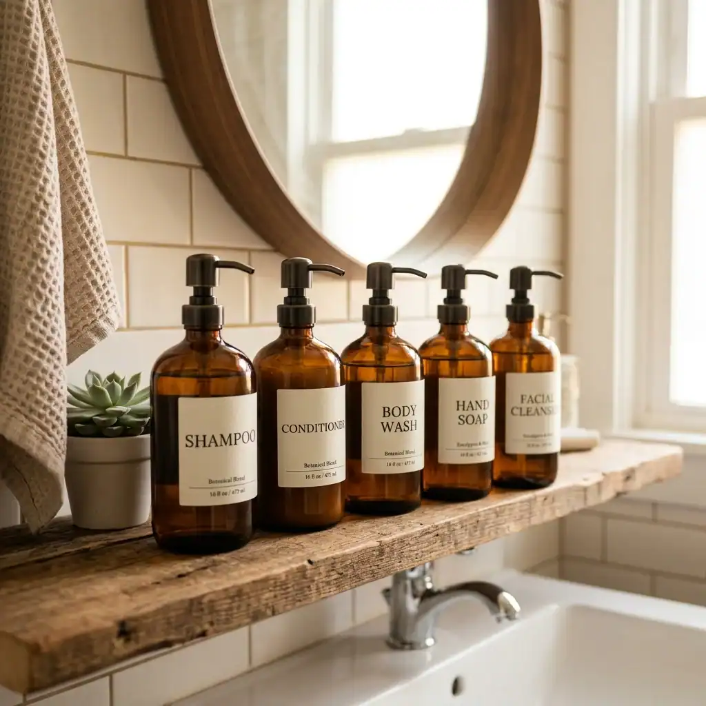 Amber glass refillable bottles styled for a cozy bathroom aesthetic