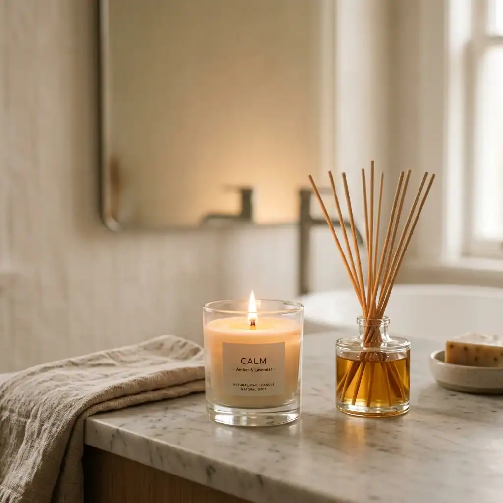 Candle and diffuser styled together for cozy bathroom scent layering