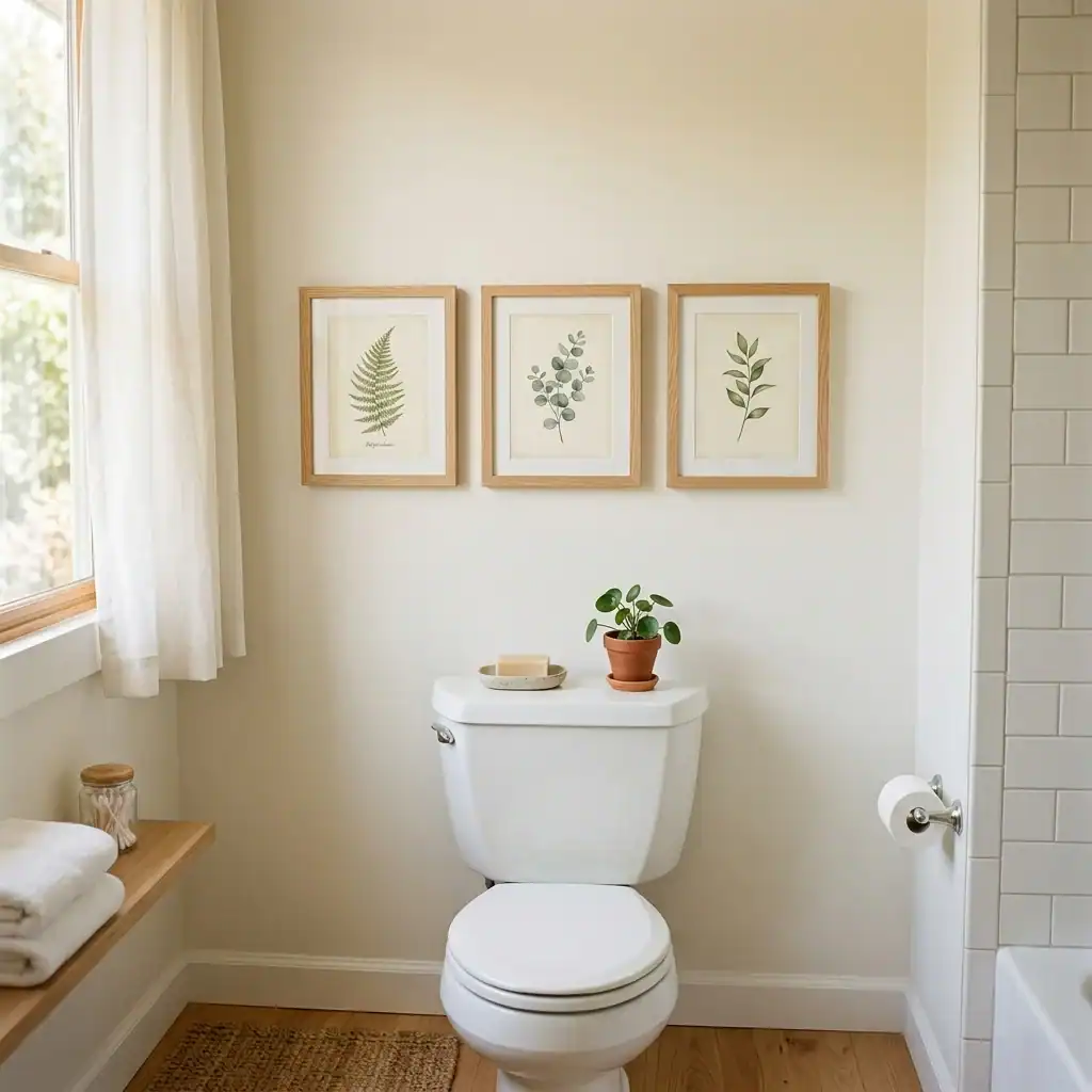 Small framed art gallery wall idea for cozy bathroom decor