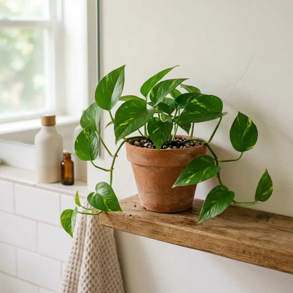 Small potted plant styled on bathroom shelf for cozy bathroom idea