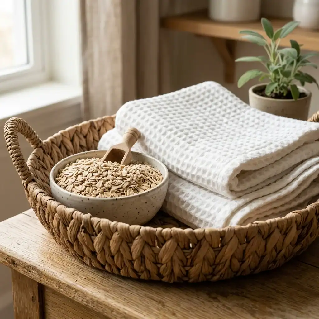 Rolled waffle-knit towels styled in a basket for cozy bathroom decor