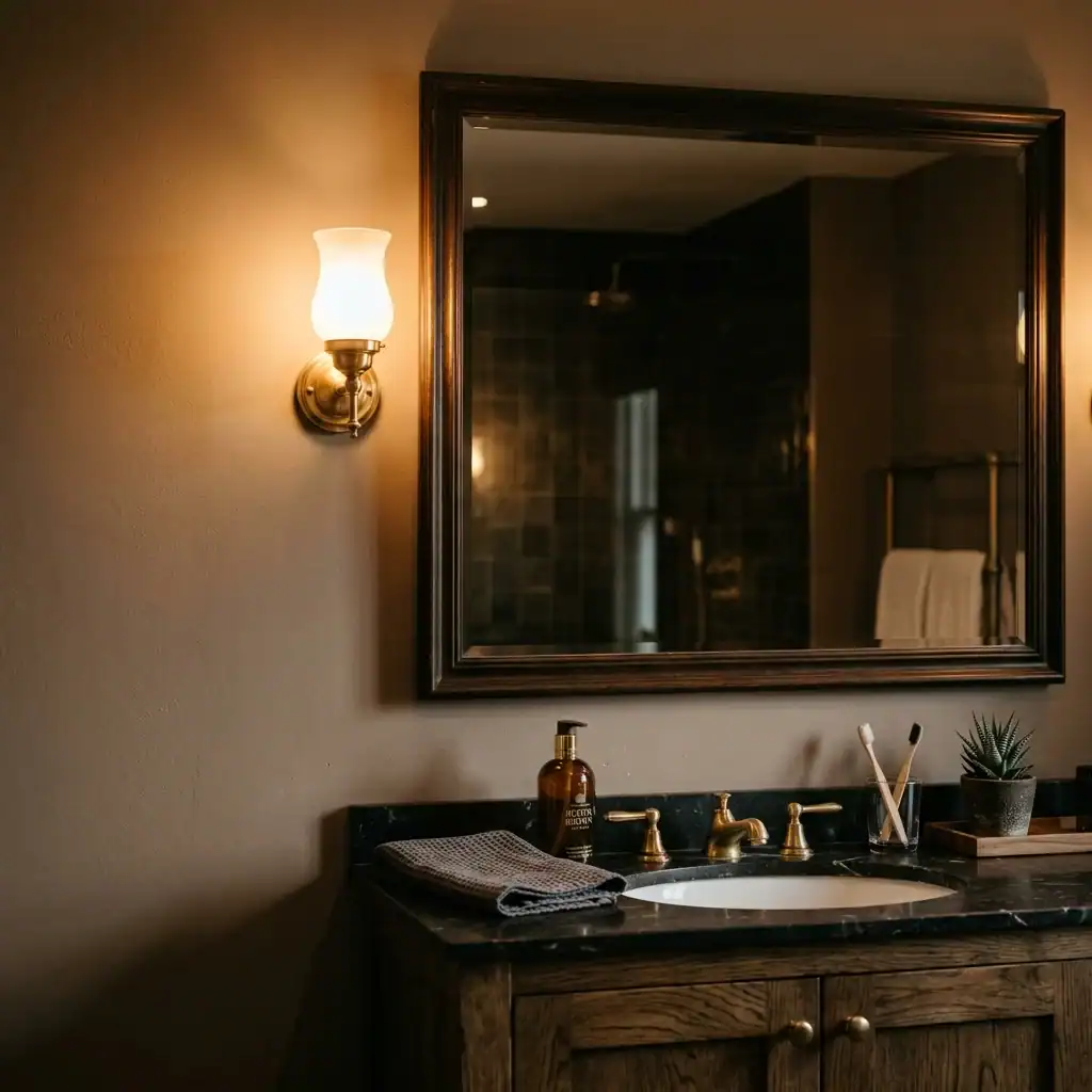 Warm layered lighting sconce beside bathroom mirror for cozy glow