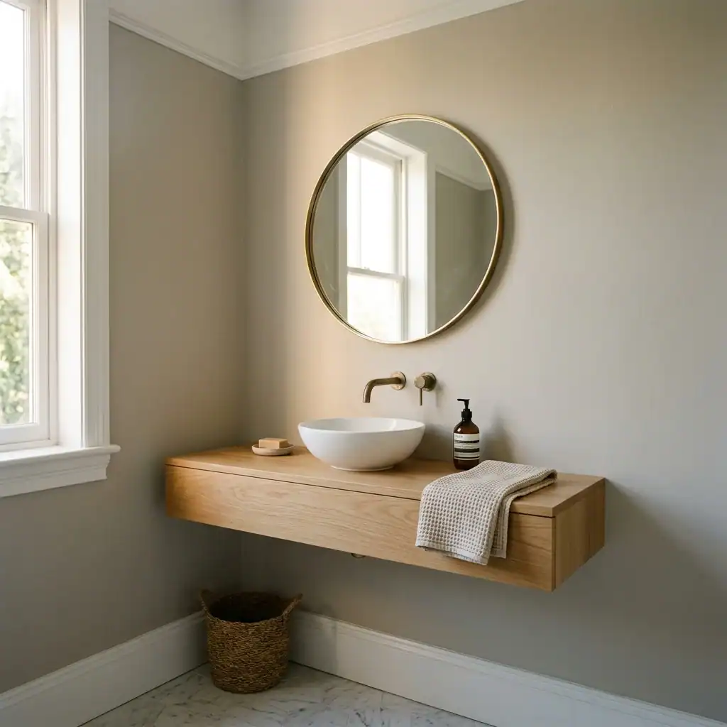 Warm neutral bathroom wall color for a cozy bathroom aesthetic look