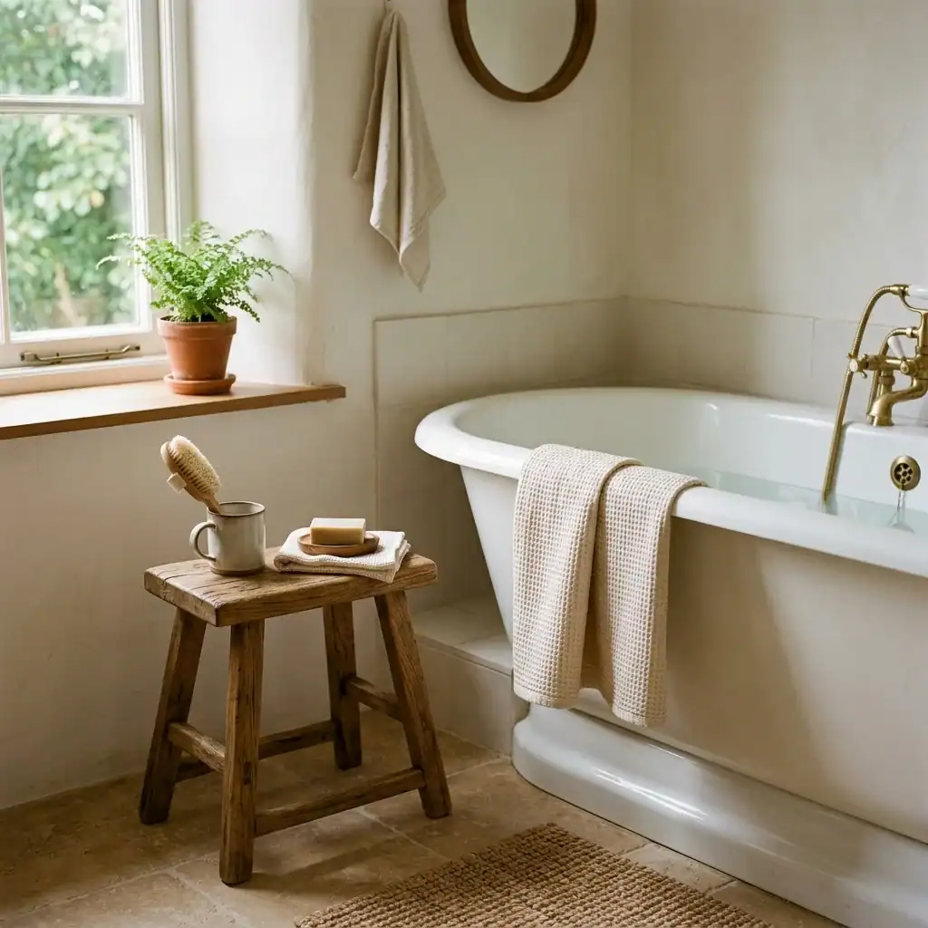 Warm wood stool accent for cozy bathroom inspiration styling