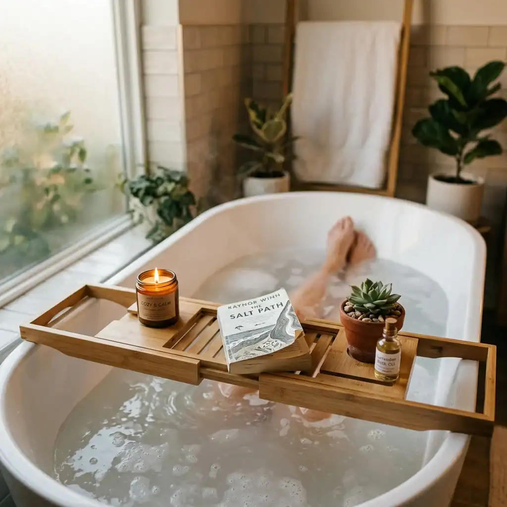 Wood bath tray styled with candle and plant for bathroom inspiration