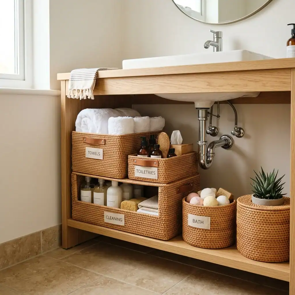 Woven rattan baskets for cozy bathroom storage under the sink