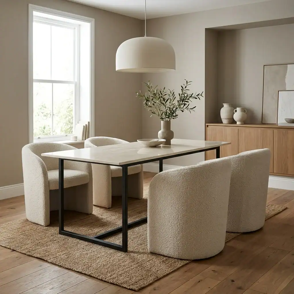Modern cream marble dining table with a slim minimalist base in a neutral dining room