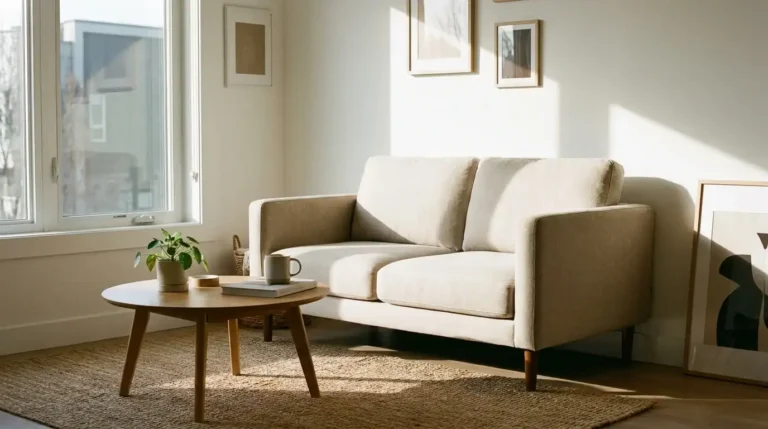 Small living room with a compact beige loveseat, one of the best sofas for small living rooms