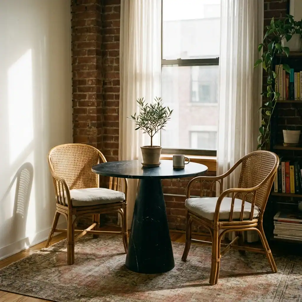 Small round black marble bistro table with pedestal base in a studio apartment