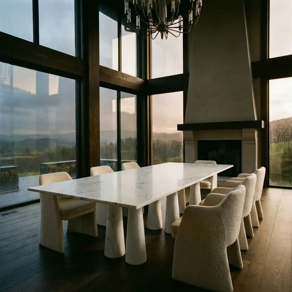 Long white Carrara Venato marble dining table seating eight in a modern dining room