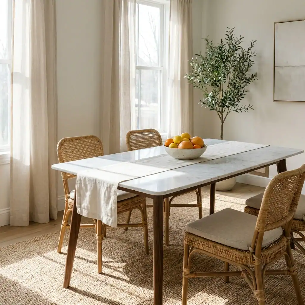 Rectangular Carrara marble dining table with walnut legs in a sunlit dining room