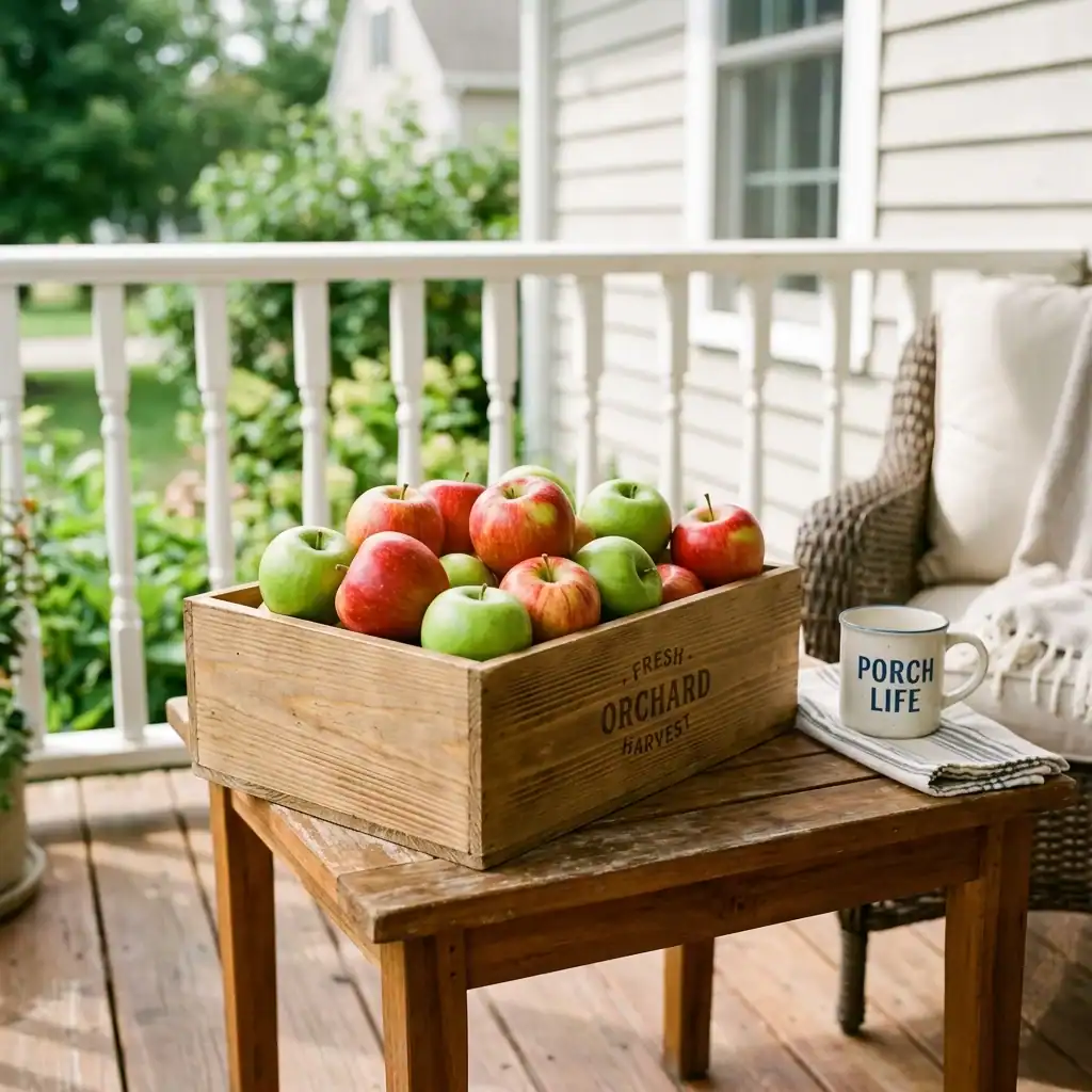 Apple crate centerpiece for fresh fall porch decorations