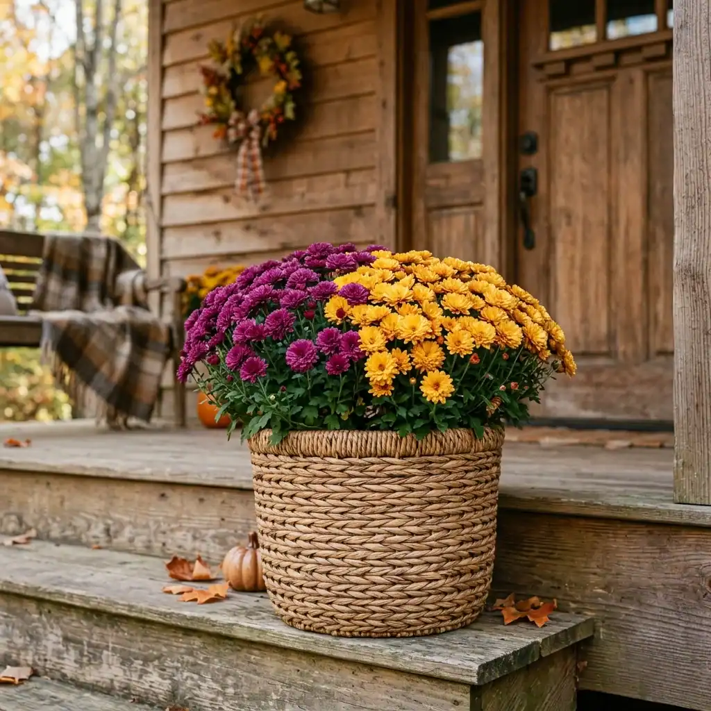 Woven basket planter with mums for fall porch decorations